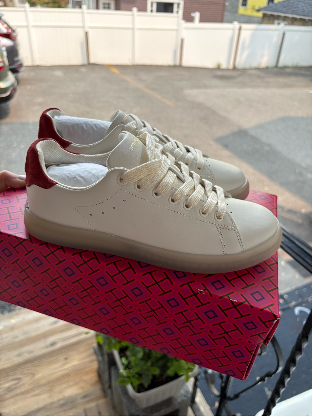 Tory Burch Cream Leather Sneakers with Red Heel Tab